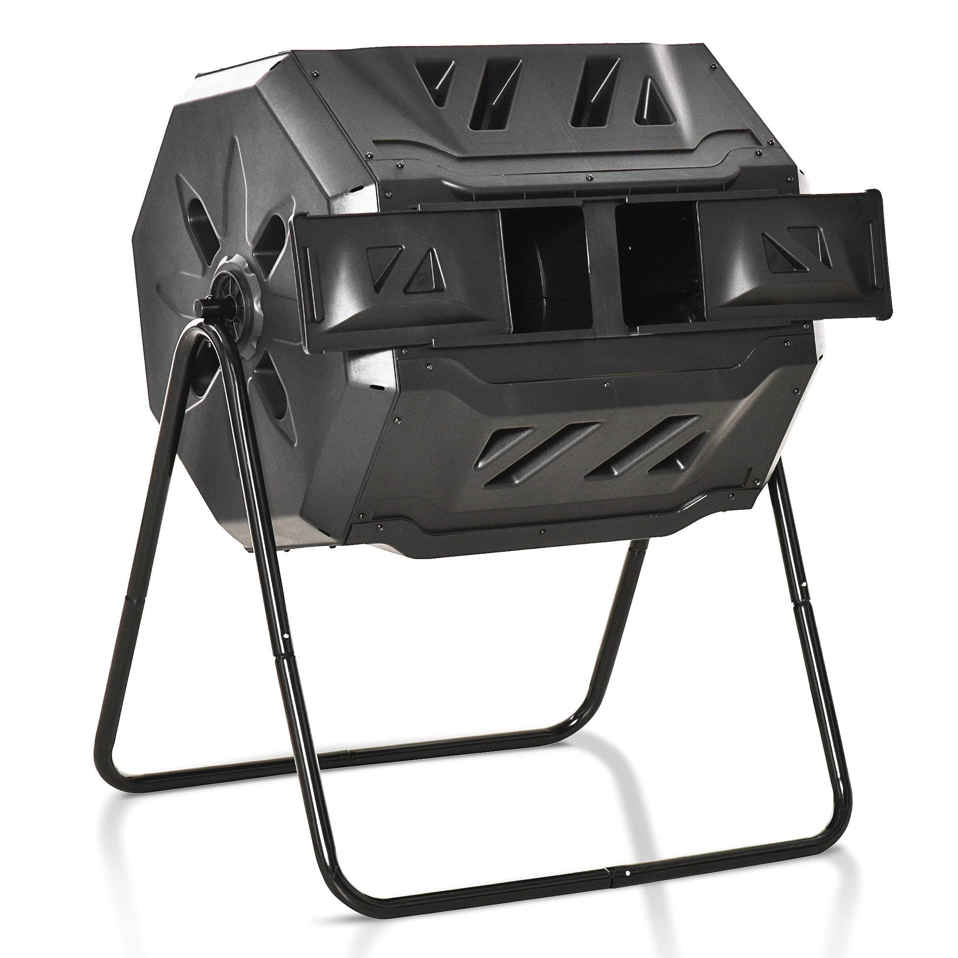 Compostor Giratório com Capacidade 160L de Dupla Câmera e Ventilação Estrutura de Aço para Resíduos Orgânicos de Jardim 71x64x92cm Preto - A minha loja