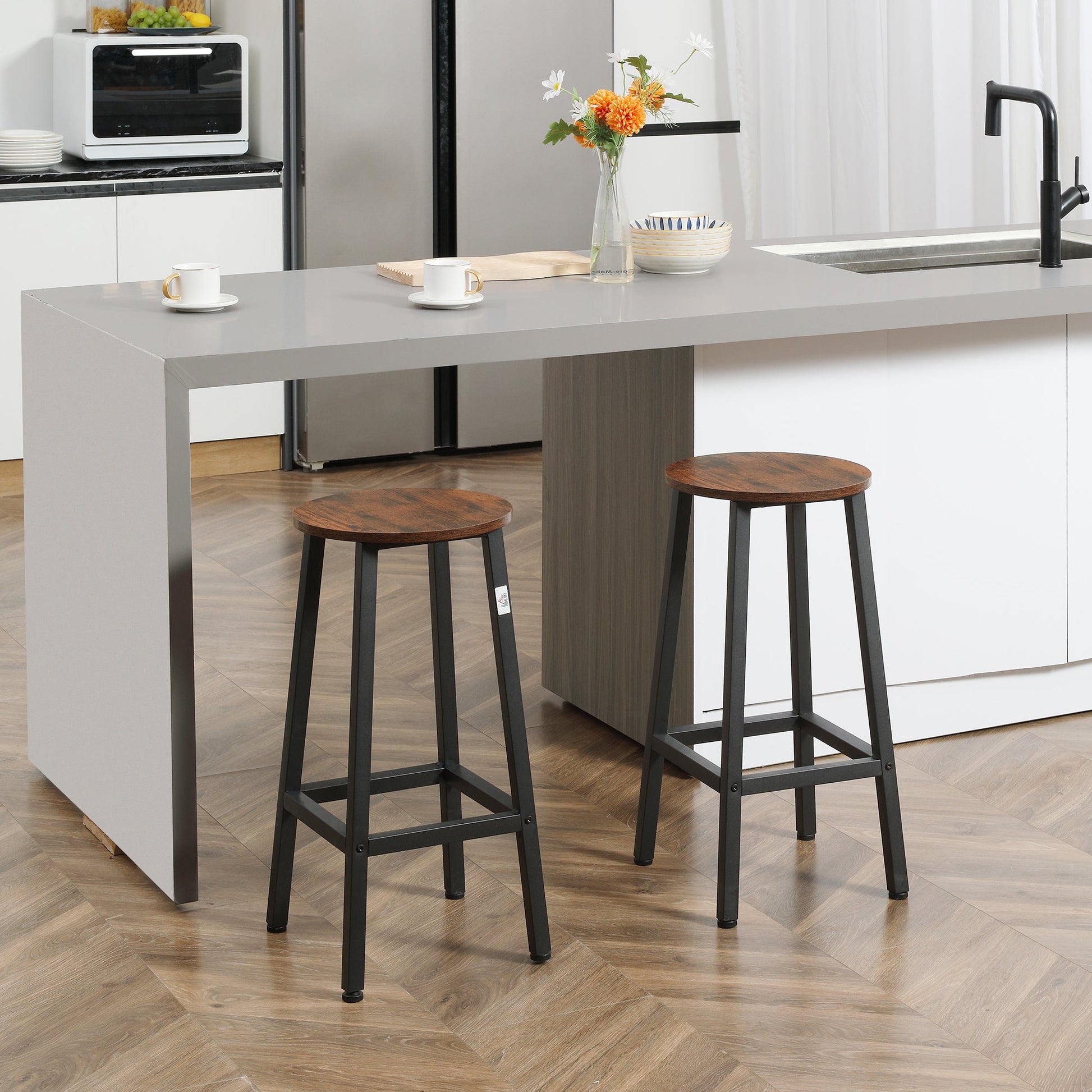 Conjunto de 2 Bancos Altos de Cozinha Bancos de Bar com Pés de Aço e Apoio para os Pés para Sala de Estar Sala de Jantar Carga 75kg 32,5x32,5x65 cm Madeira e Preto - A minha loja