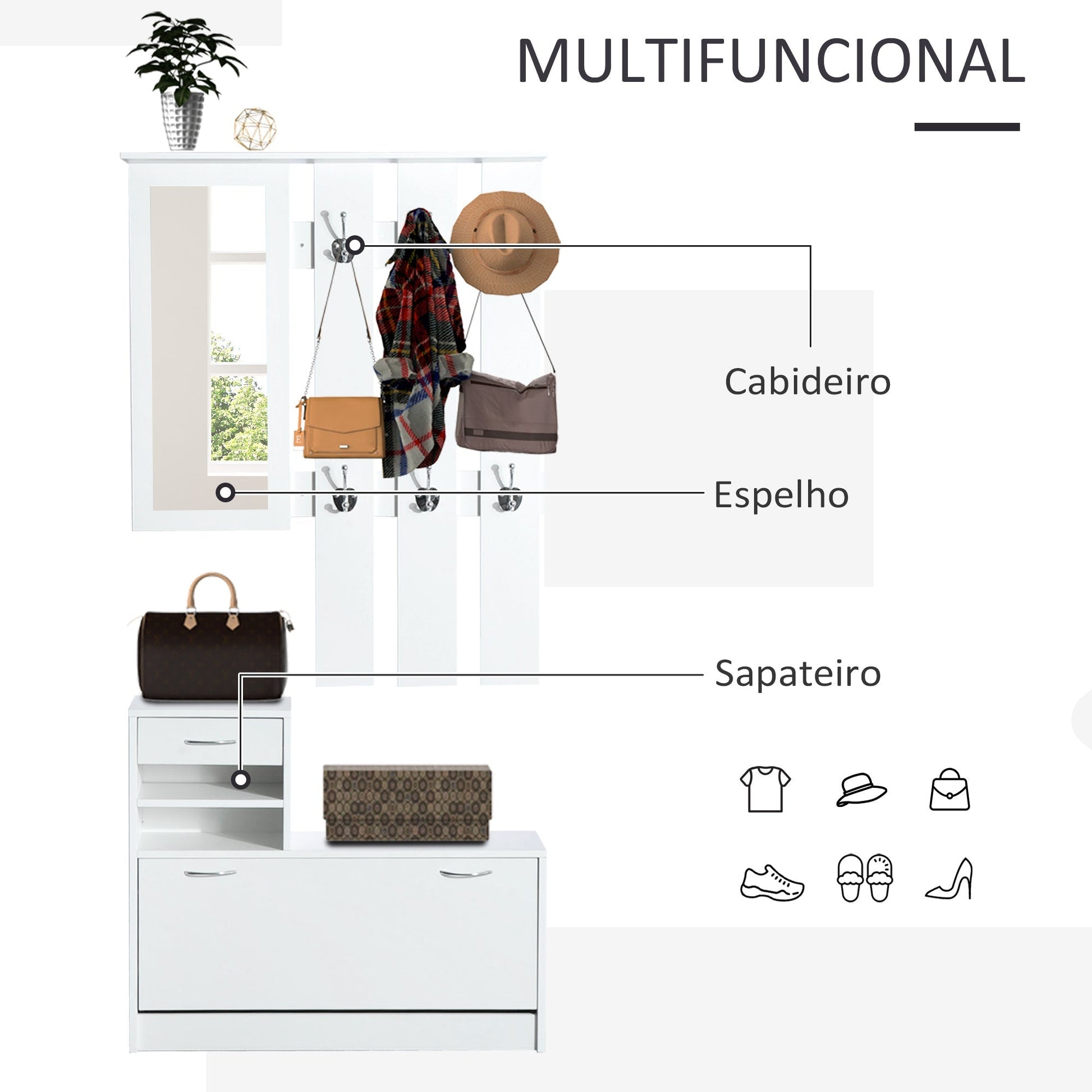 Conjunto de Entrada Dhyana Branco - Sapateira, Espelho e Cabide - Design Contemporâneo - A minha loja