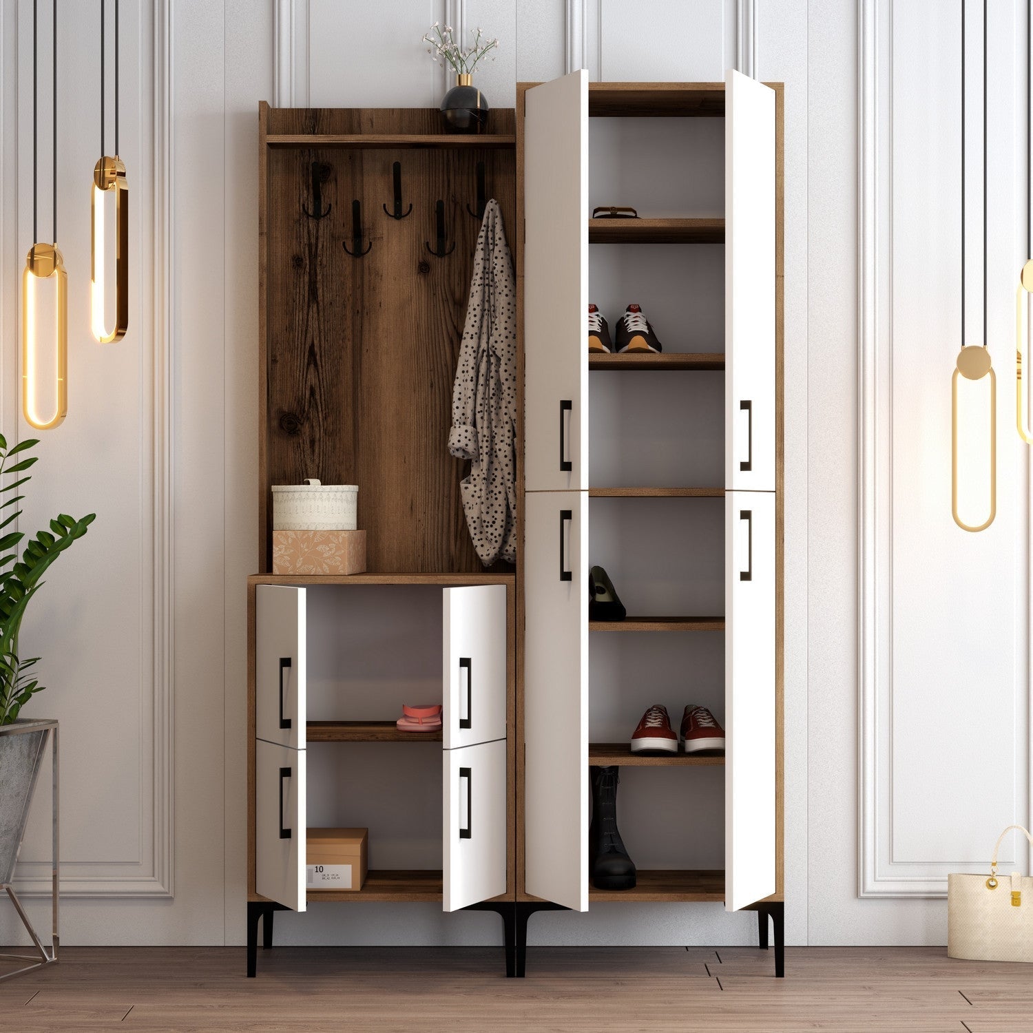 Conjunto de Entrada "Milano" com Sapateira, Cabide e Consola - Nogueira e Branco - 120x200x35 cm - Design Moderno - A minha loja
