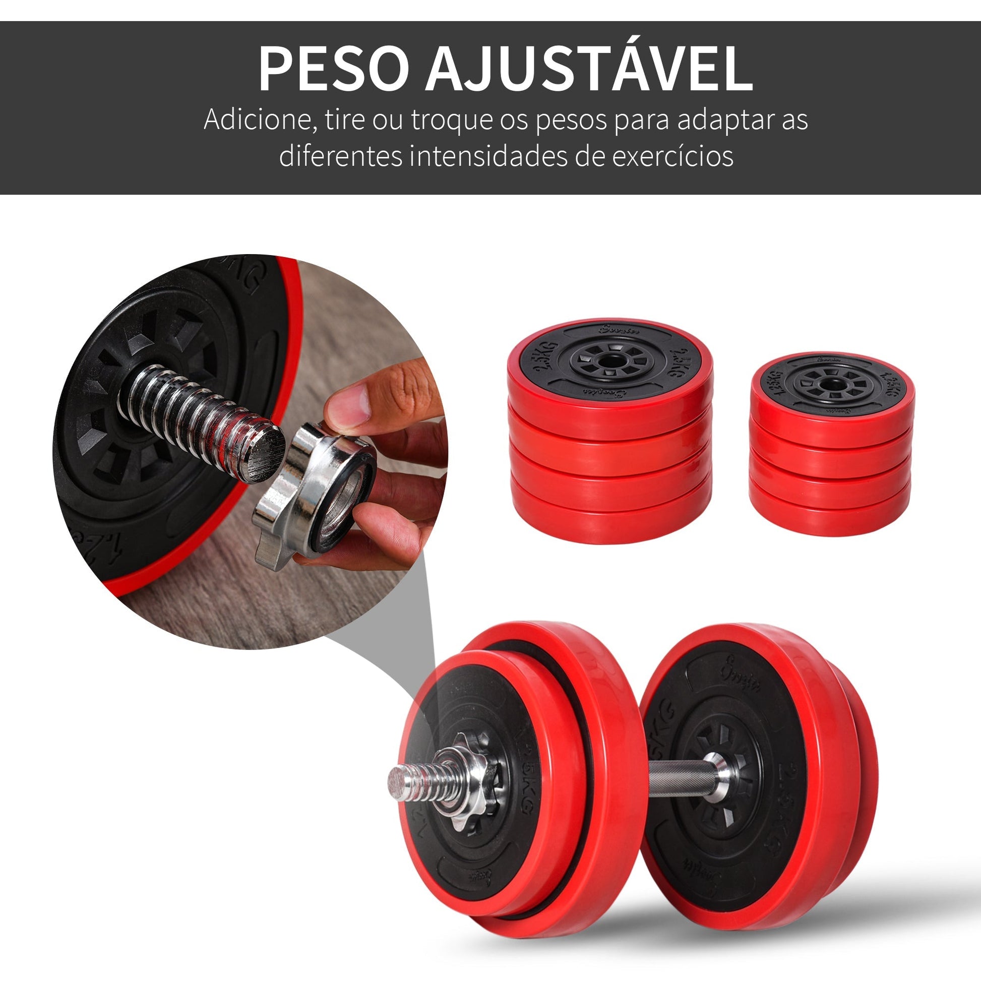 Conjunto de Halteres 20kg Ajustáveis 2 em 1 com 8 Discos 2 Barras e Extensor Ajustável para Treinamento de Força Levantamento de Pesos Casa Academia Escritórios Preto e Vermelho - A minha loja
