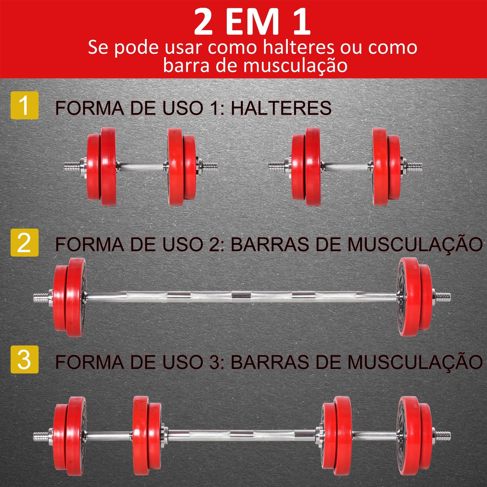Conjunto de Halteres 20kg Ajustáveis 2 em 1 com 8 Discos 2 Barras e Extensor Ajustável para Treinamento de Força Levantamento de Pesos Casa Academia Escritórios Preto e Vermelho - A minha loja