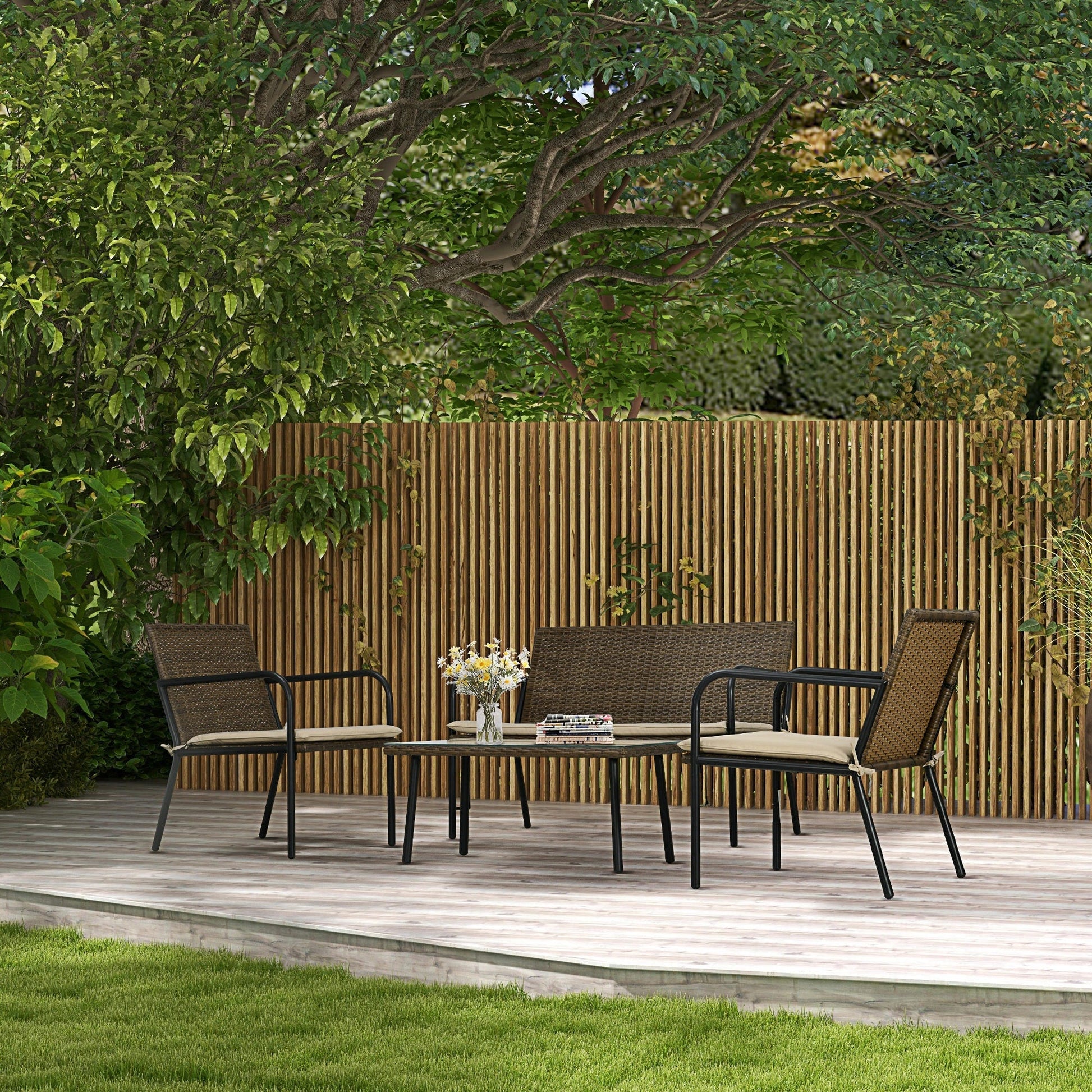 Conjunto de Jardim “Bari” 4 Peças em Vime Sintético – Sofá, Poltronas e Mesa com Tampo de Vidro Temperado – Multicolor – 111x69x77 cm - A minha loja