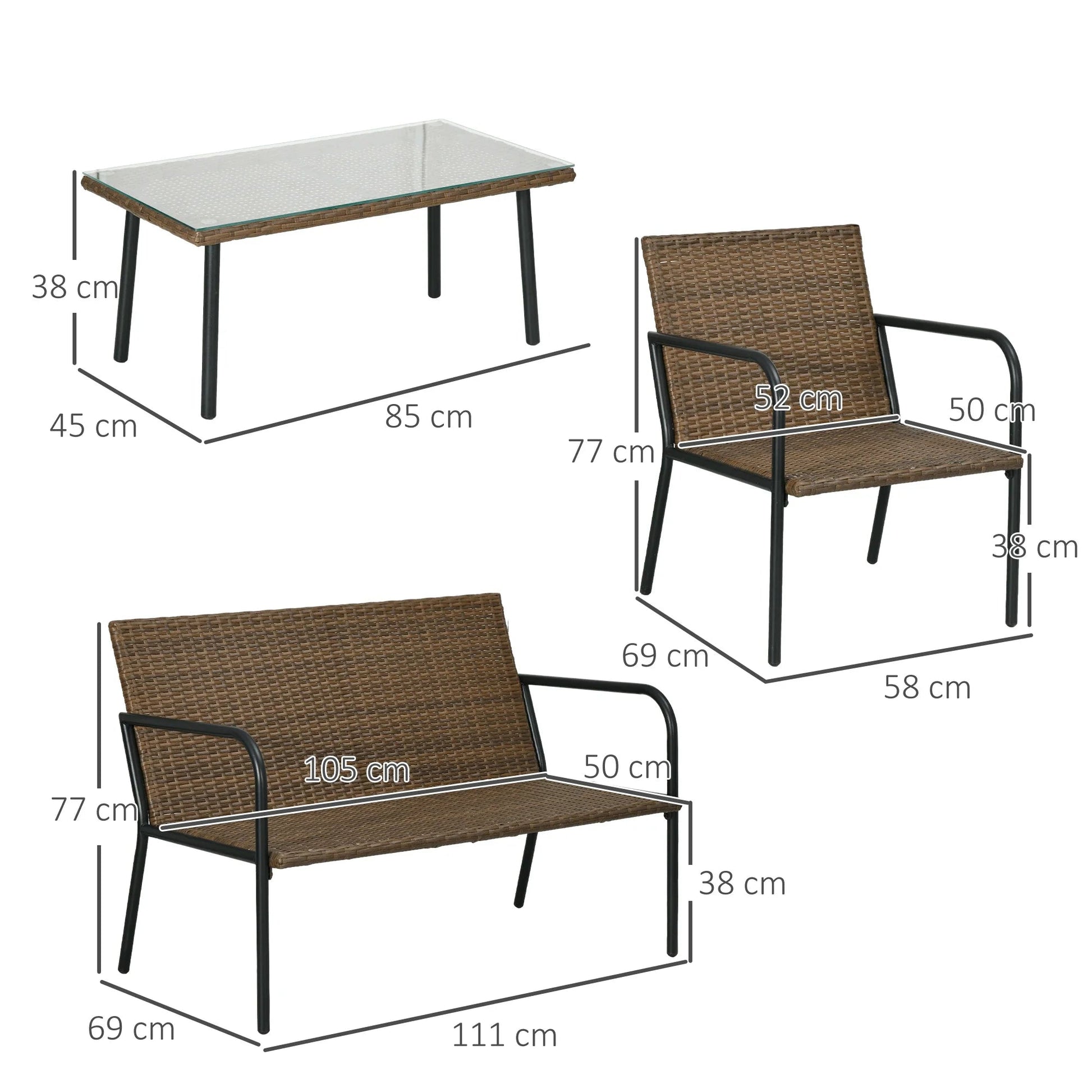 Conjunto de Jardim “Bari” 4 Peças em Vime Sintético – Sofá, Poltronas e Mesa com Tampo de Vidro Temperado – Multicolor – 111x69x77 cm - A minha loja
