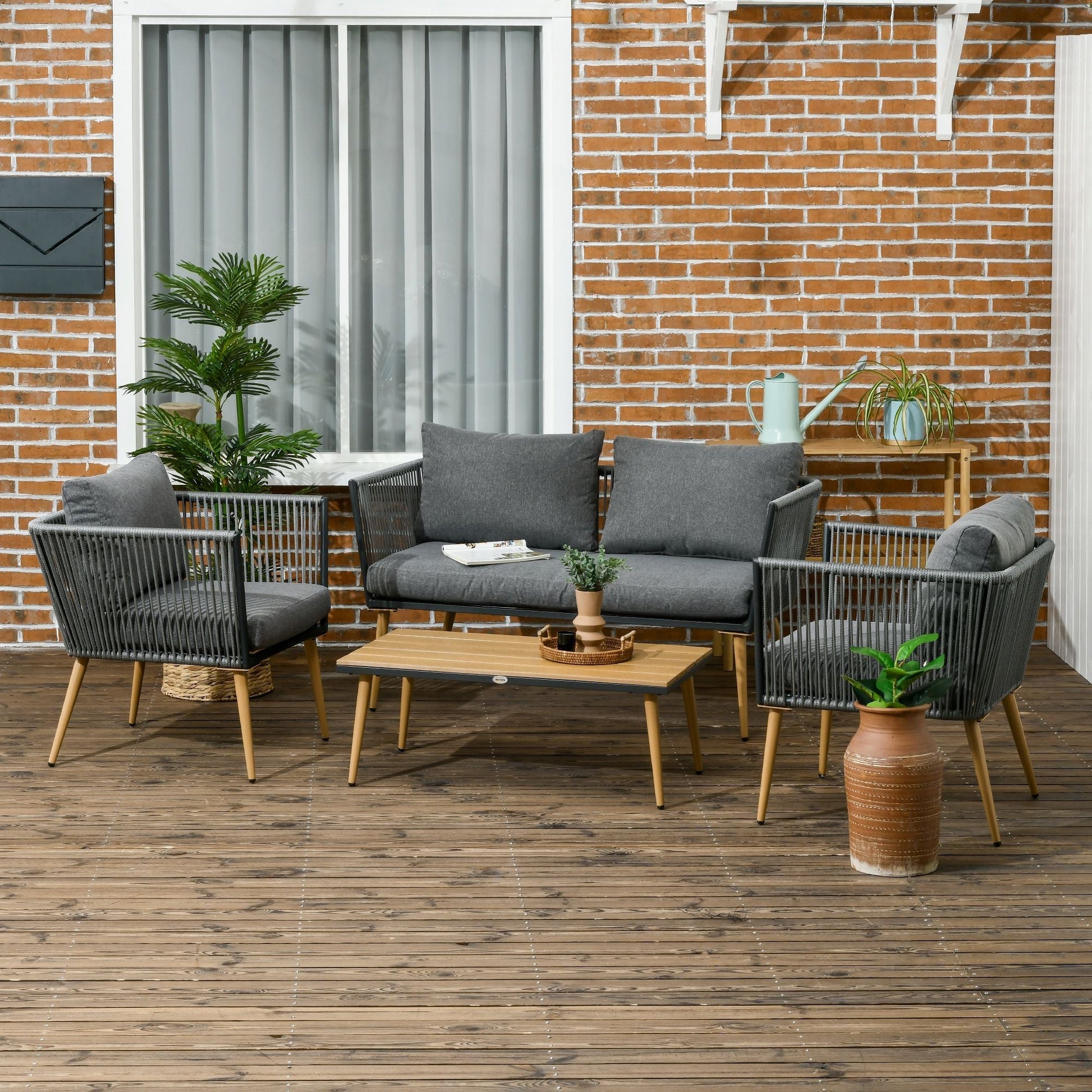Conjunto de Jardim “Como” 4 Peças em Vime Sintético – Sofá, Poltronas e Mesa com Tampo em Madeira Plástica – Cinza – 130x65x68 cm - A minha loja