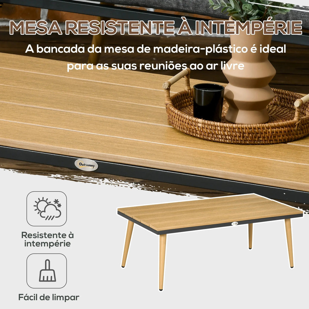 Conjunto de Jardim “Como” 4 Peças em Vime Sintético – Sofá, Poltronas e Mesa com Tampo em Madeira Plástica – Cinza – 130x65x68 cm - A minha loja