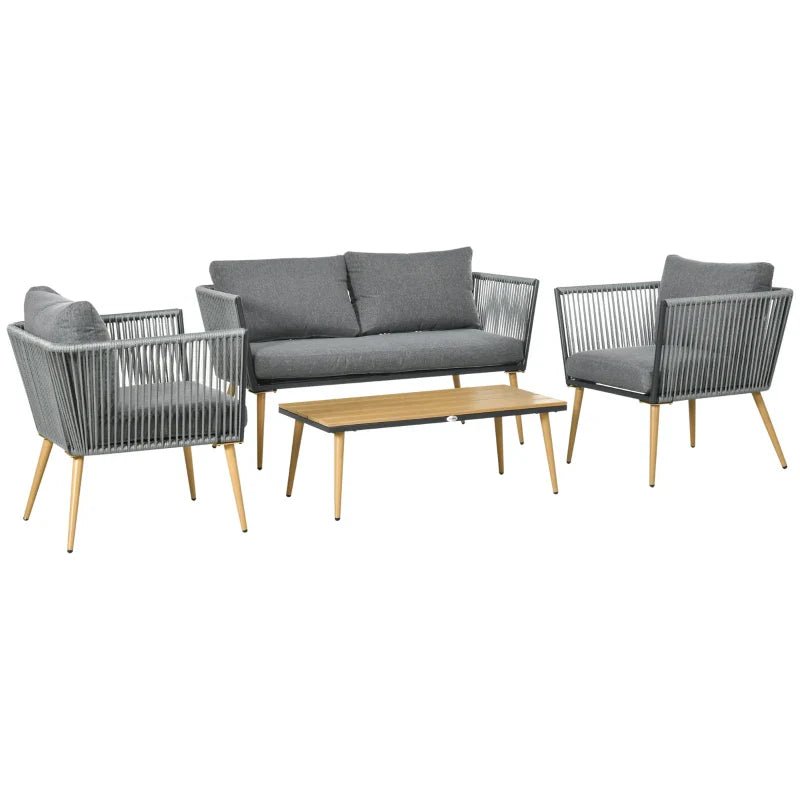 Conjunto de Jardim “Como” 4 Peças em Vime Sintético – Sofá, Poltronas e Mesa com Tampo em Madeira Plástica – Cinza – 130x65x68 cm - A minha loja