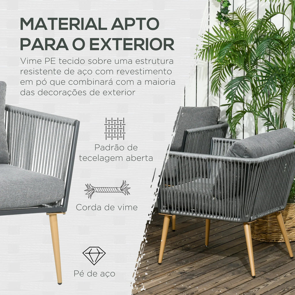 Conjunto de Jardim “Como” 4 Peças em Vime Sintético – Sofá, Poltronas e Mesa com Tampo em Madeira Plástica – Cinza – 130x65x68 cm - A minha loja