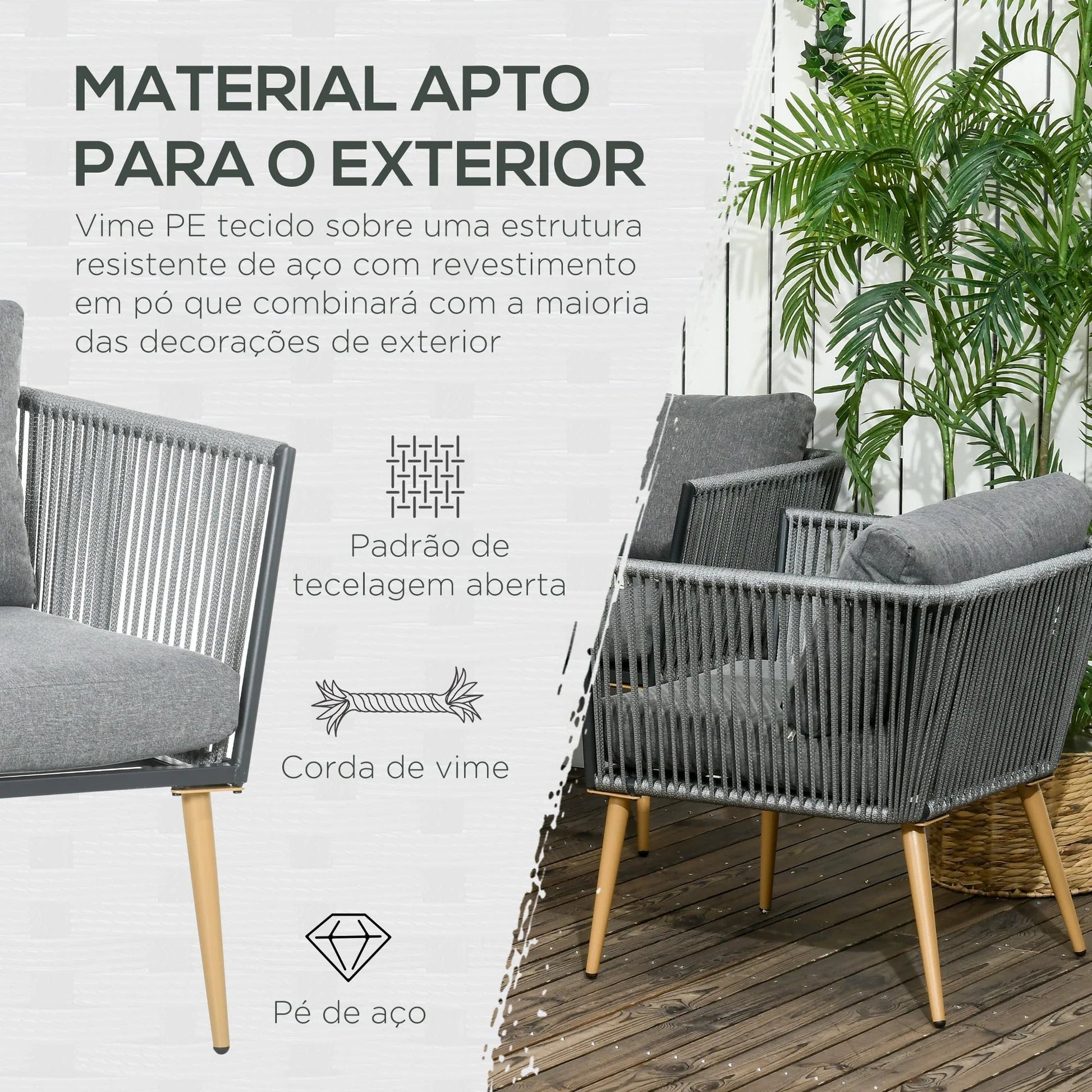 Conjunto de Jardim “Como” 4 Peças em Vime Sintético – Sofá, Poltronas e Mesa com Tampo em Madeira Plástica – Cinza – 130x65x68 cm - A minha loja