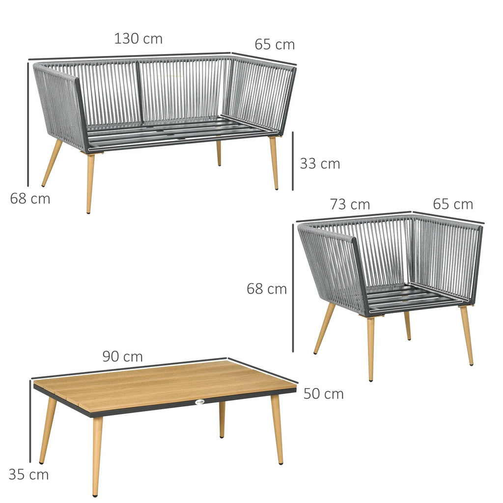 Conjunto de Jardim “Como” 4 Peças em Vime Sintético – Sofá, Poltronas e Mesa com Tampo em Madeira Plástica – Cinza – 130x65x68 cm - A minha loja