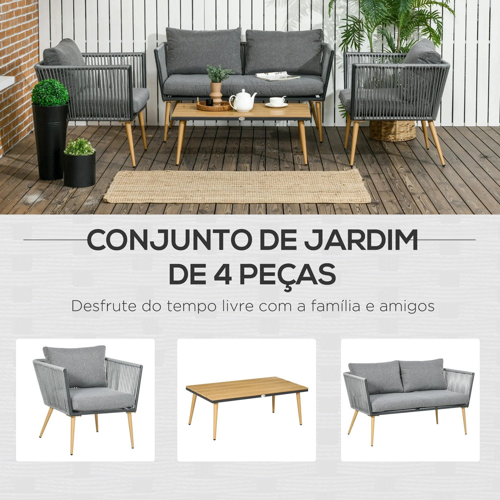 Conjunto de Jardim “Como” 4 Peças em Vime Sintético – Sofá, Poltronas e Mesa com Tampo em Madeira Plástica – Cinza – 130x65x68 cm - A minha loja
