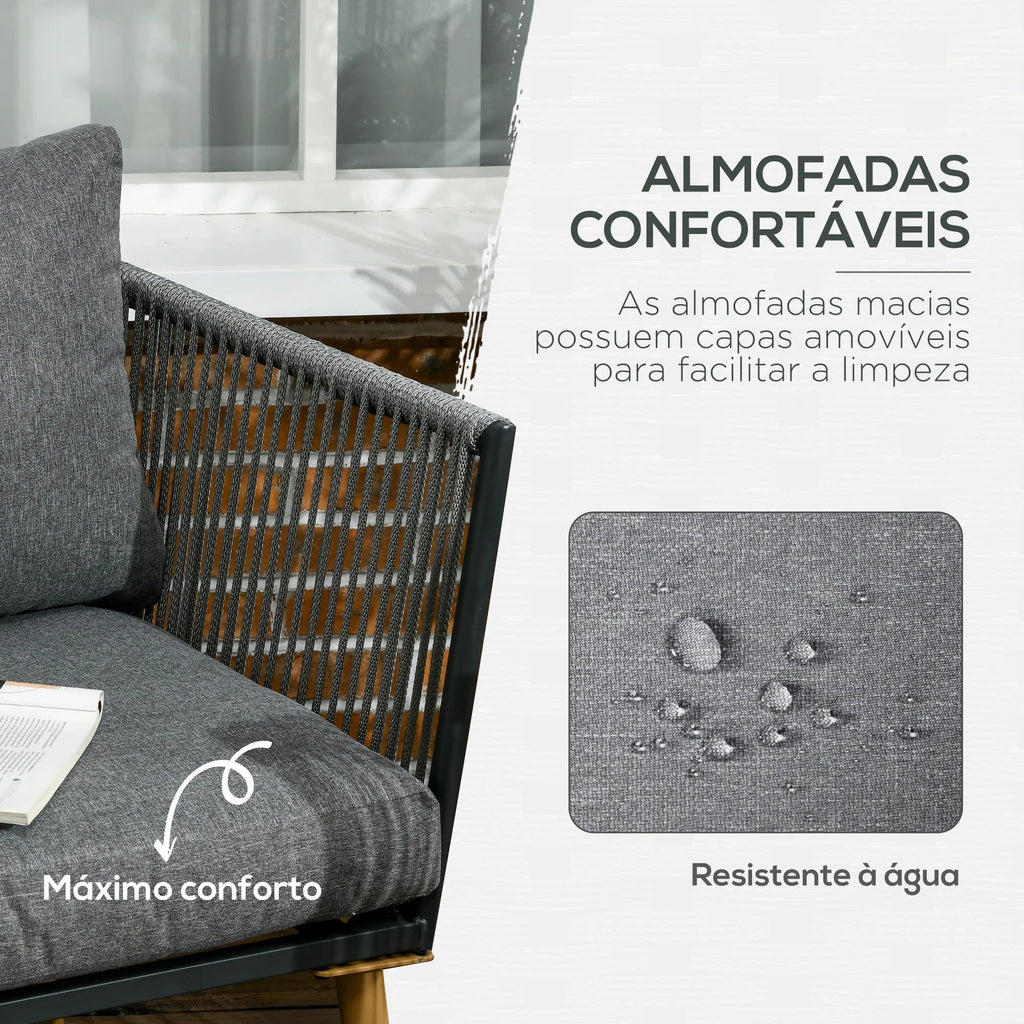 Conjunto de Jardim “Como” 4 Peças em Vime Sintético – Sofá, Poltronas e Mesa com Tampo em Madeira Plástica – Cinza – 130x65x68 cm - A minha loja