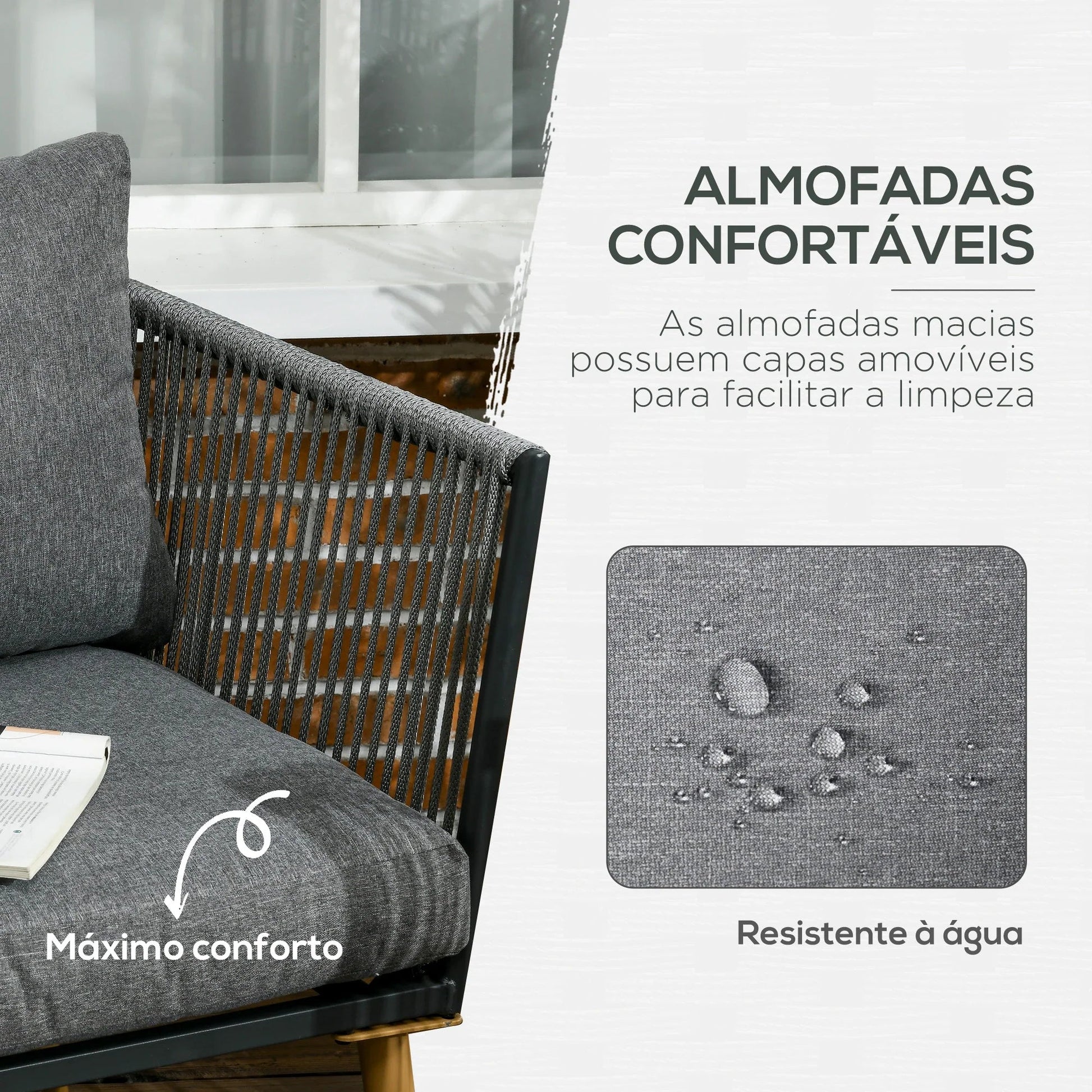 Conjunto de Jardim “Como” 4 Peças em Vime Sintético – Sofá, Poltronas e Mesa com Tampo em Madeira Plástica – Cinza – 130x65x68 cm - A minha loja
