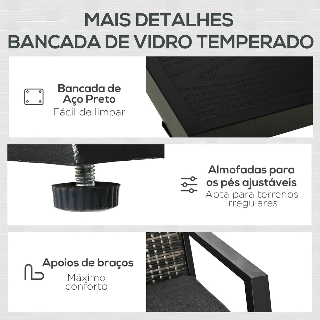 Conjunto de Jardim “Ravena” 4 Peças em Vime PE – Sofá, Poltronas e Mesa com Tampo em Ferro – Preto e Cinza – 124x86x75 cm - A minha loja