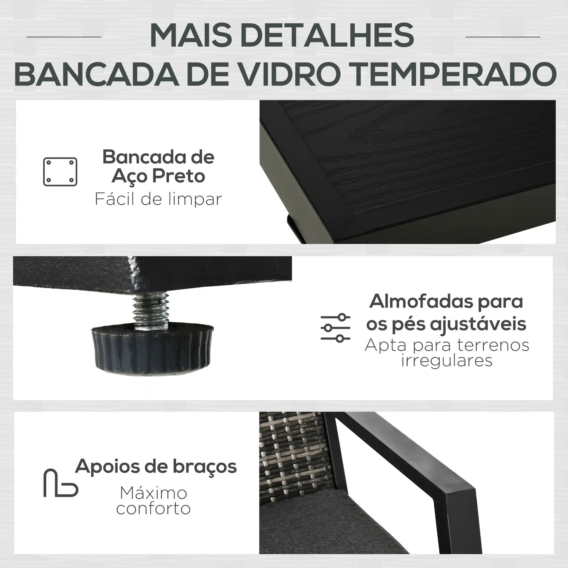Conjunto de Jardim “Ravena” 4 Peças em Vime PE – Sofá, Poltronas e Mesa com Tampo em Ferro – Preto e Cinza – 124x86x75 cm - A minha loja