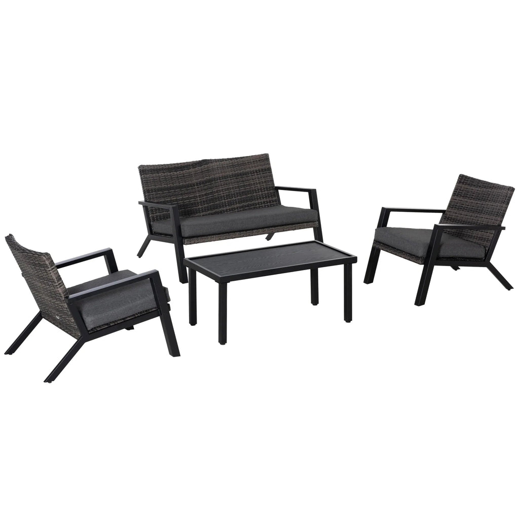 Conjunto de Jardim “Ravena” 4 Peças em Vime PE – Sofá, Poltronas e Mesa com Tampo em Ferro – Preto e Cinza – 124x86x75 cm - A minha loja