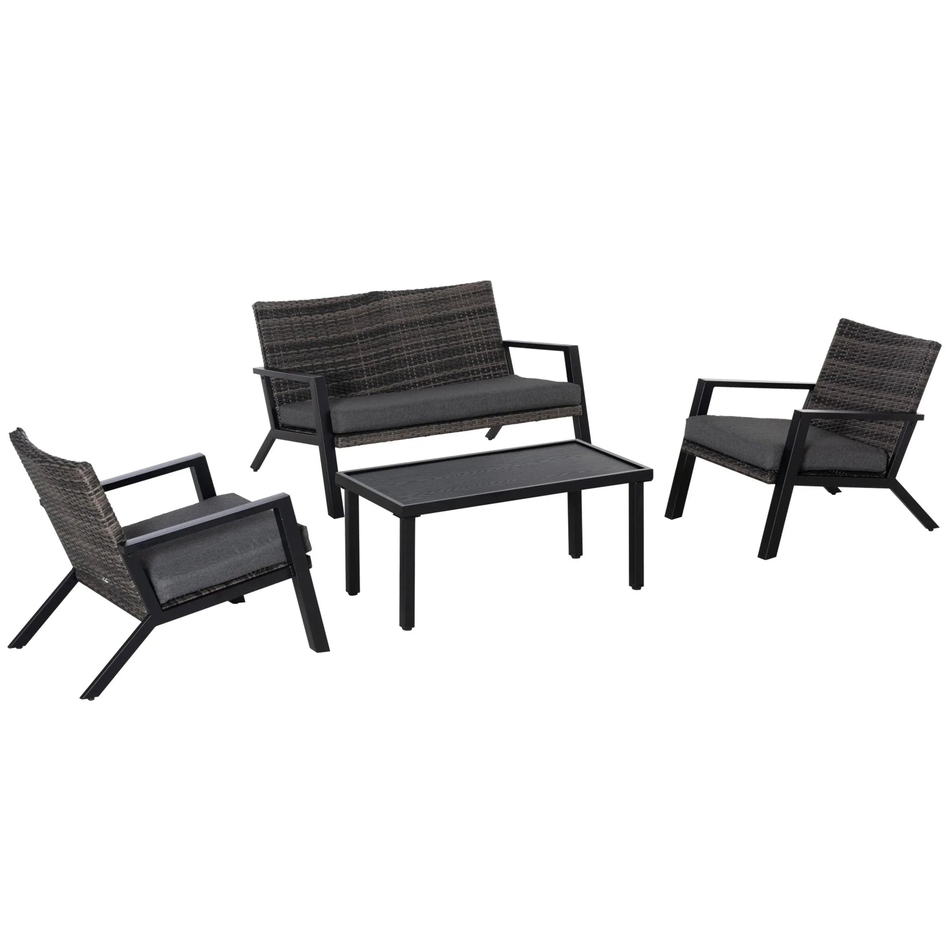 Conjunto de Jardim “Ravena” 4 Peças em Vime PE – Sofá, Poltronas e Mesa com Tampo em Ferro – Preto e Cinza – 124x86x75 cm - A minha loja