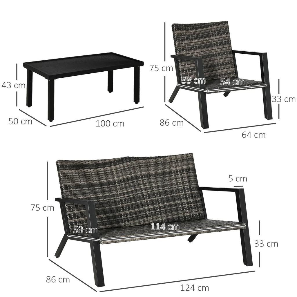 Conjunto de Jardim “Ravena” 4 Peças em Vime PE – Sofá, Poltronas e Mesa com Tampo em Ferro – Preto e Cinza – 124x86x75 cm - A minha loja