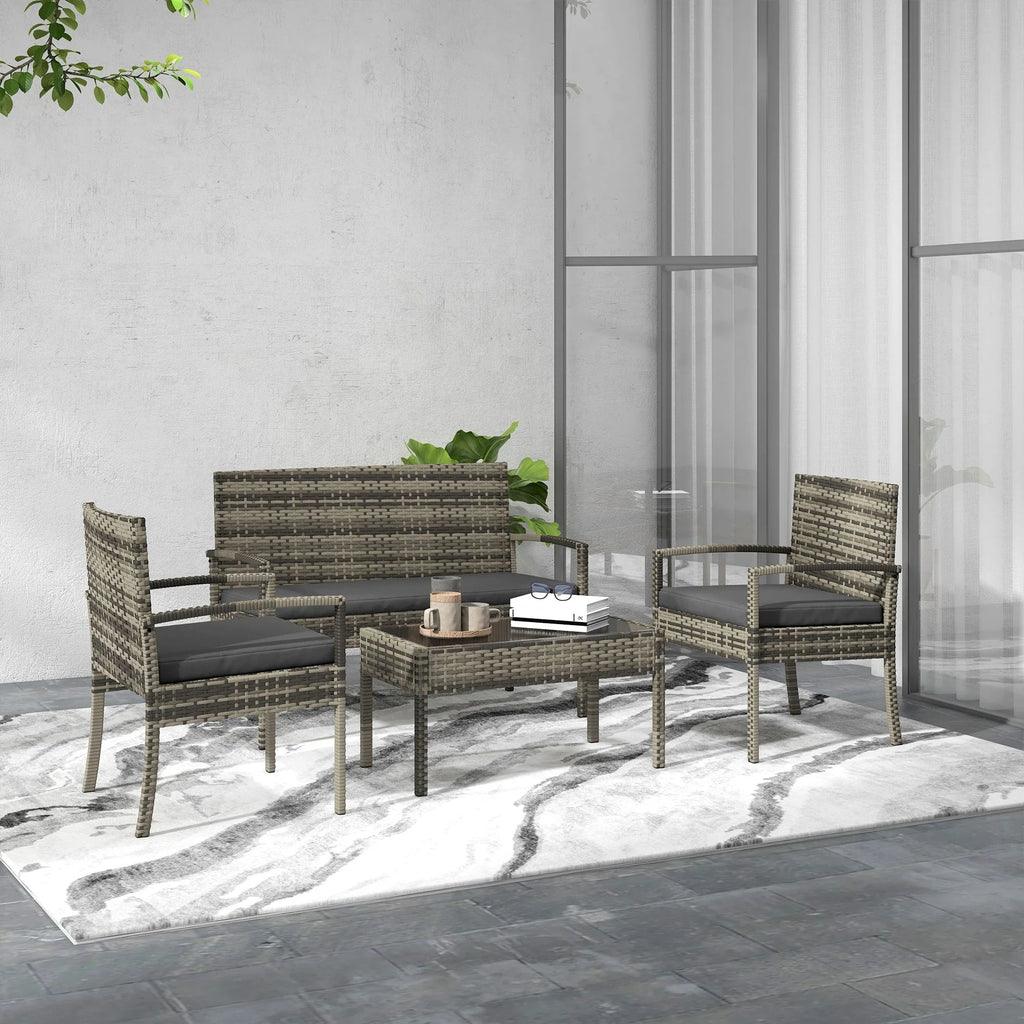 Conjunto de Jardim/Refeição “Siena” 4 Peças em Vime Sintético – Sofá, Poltronas e Mesa com Vidro Temperado – Cinza – 108x58x78 cm - A minha loja