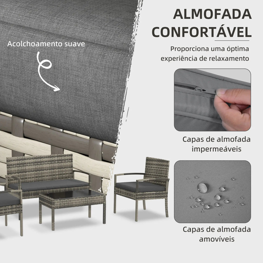 Conjunto de Jardim/Refeição “Siena” 4 Peças em Vime Sintético – Sofá, Poltronas e Mesa com Vidro Temperado – Cinza – 108x58x78 cm - A minha loja