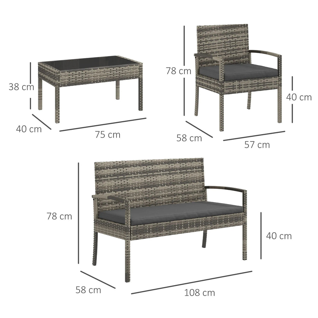 Conjunto de Jardim/Refeição “Siena” 4 Peças em Vime Sintético – Sofá, Poltronas e Mesa com Vidro Temperado – Cinza – 108x58x78 cm - A minha loja