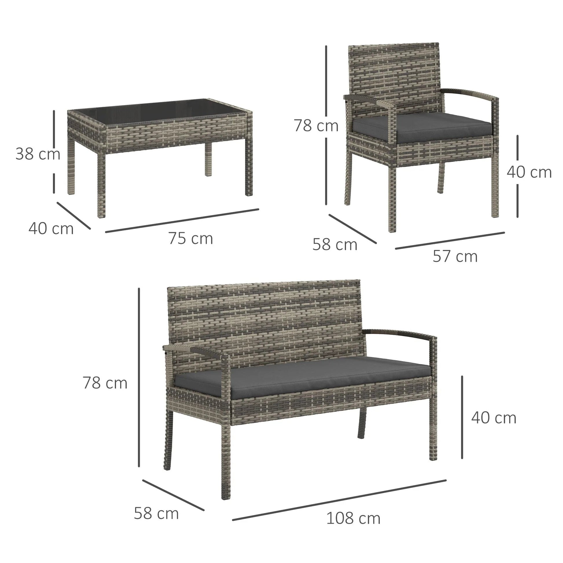 Conjunto de Jardim/Refeição “Siena” 4 Peças em Vime Sintético – Sofá, Poltronas e Mesa com Vidro Temperado – Cinza – 108x58x78 cm - A minha loja