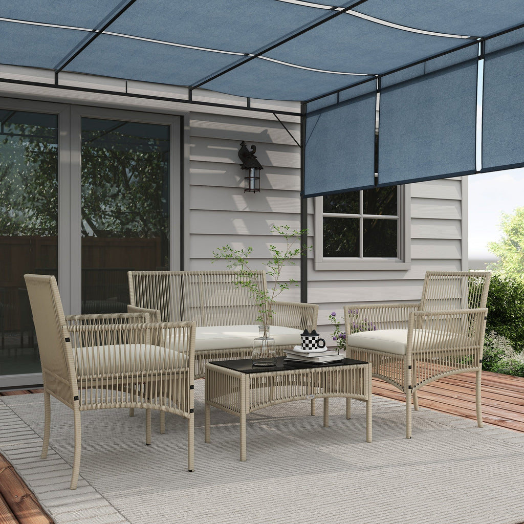Conjunto de Móveis de Jardim em Vime – 4 Peças – Sofá 2 Lugares, 2 Poltronas e Mesa de Vidro – 100x56x80 cm - A minha loja