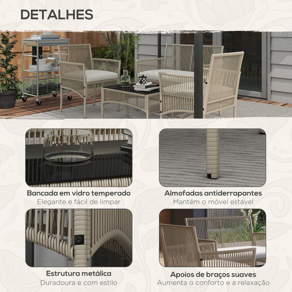 Conjunto de Móveis de Jardim em Vime – 4 Peças – Sofá 2 Lugares, 2 Poltronas e Mesa de Vidro – 100x56x80 cm - A minha loja