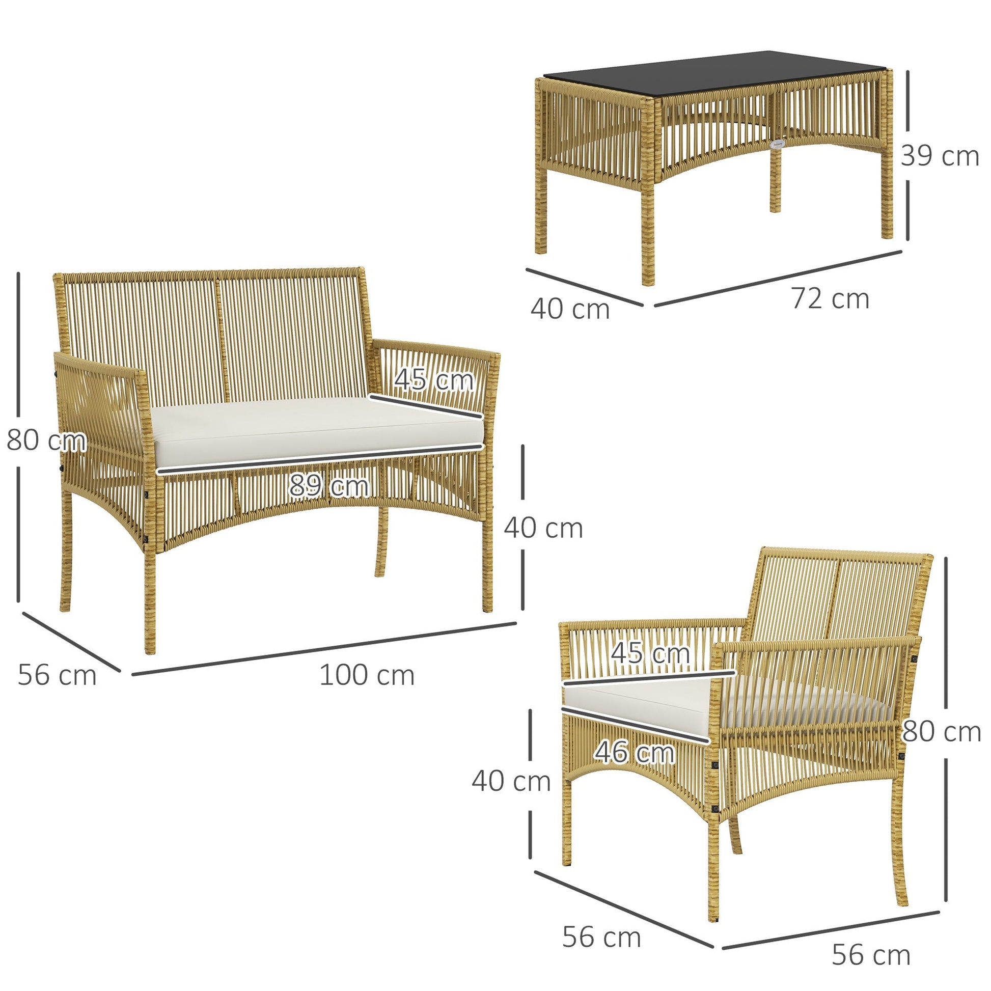 Conjunto de Móveis de Jardim em Vime PE – 4 Peças – Aço e Vidro – Bege – 100x56x80 cm - A minha loja