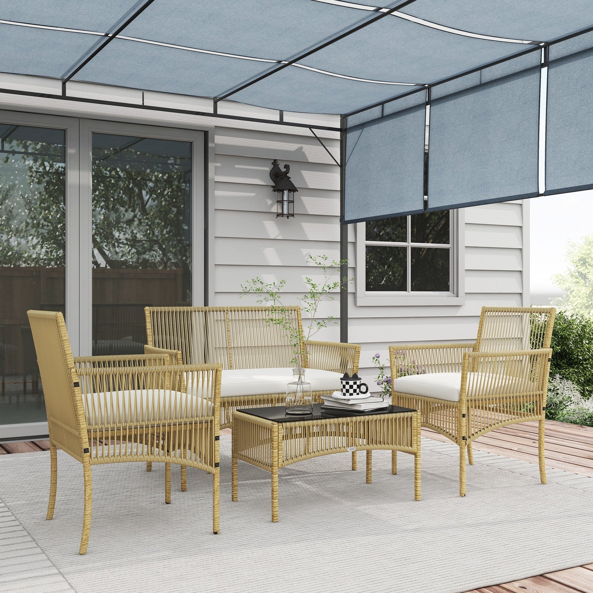 Conjunto de Móveis de Jardim em Vime PE – 4 Peças – Aço e Vidro – Bege – 100x56x80 cm - A minha loja