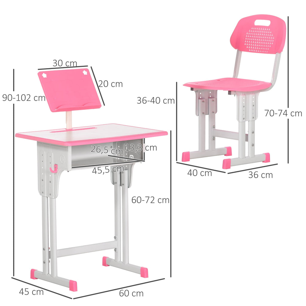Conjunto de Secretária e Cadeira para Crianças de 6 - 12 Anos Secretária Infantil com Altura Ajustável 1 Gaveta 1 Suporte para Lápis e 1 Prateleira para Livros 60x45x90 - 120 cm Rosa - A minha loja