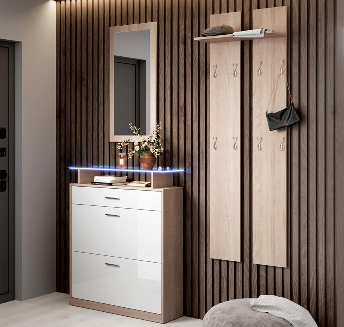 Conjunto de Entrada com Sapateira, Espelho e Cabide HYGGE para Hall de Entrada - Branco/Carvalho Sonoma - Design Nórdico