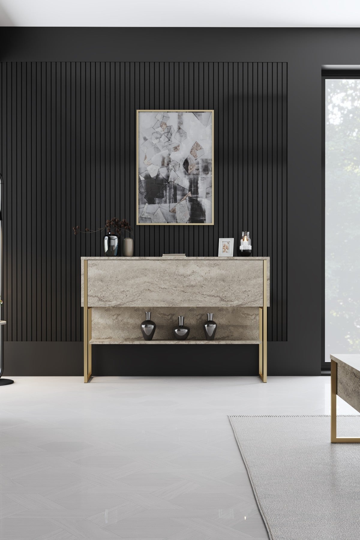 Consola de Entrada "Madrid" - Travertino Mármore e Dourado - 120x80x30cm - A minha loja