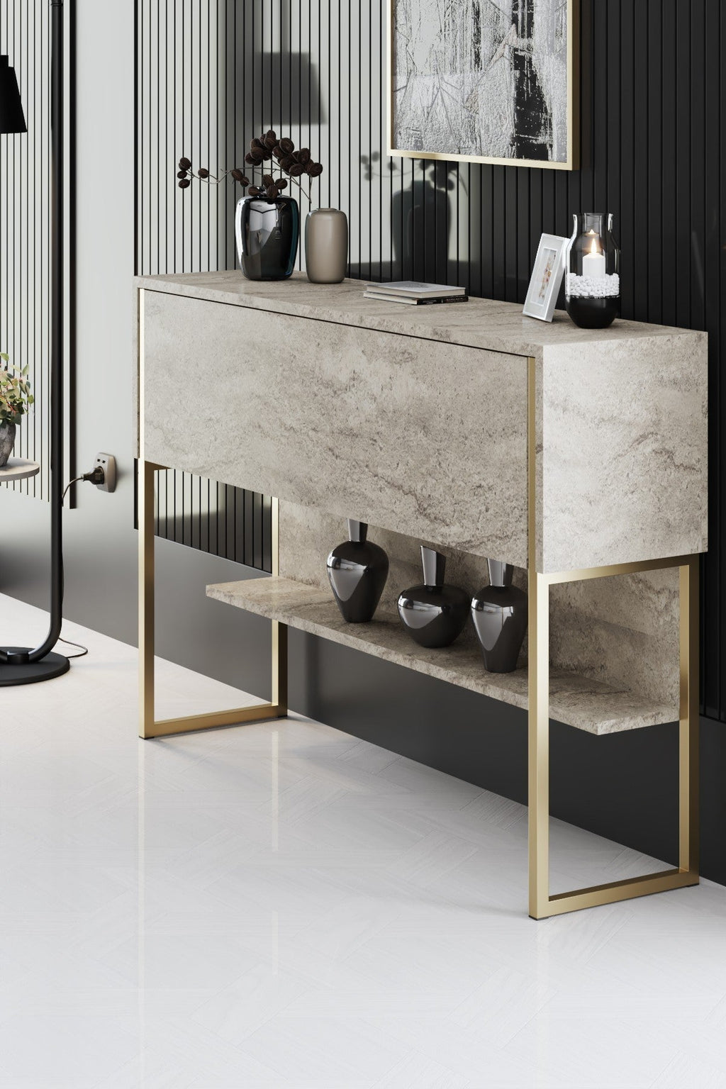 Consola de Entrada "Madrid" - Travertino Mármore e Dourado - 120x80x30cm - A minha loja