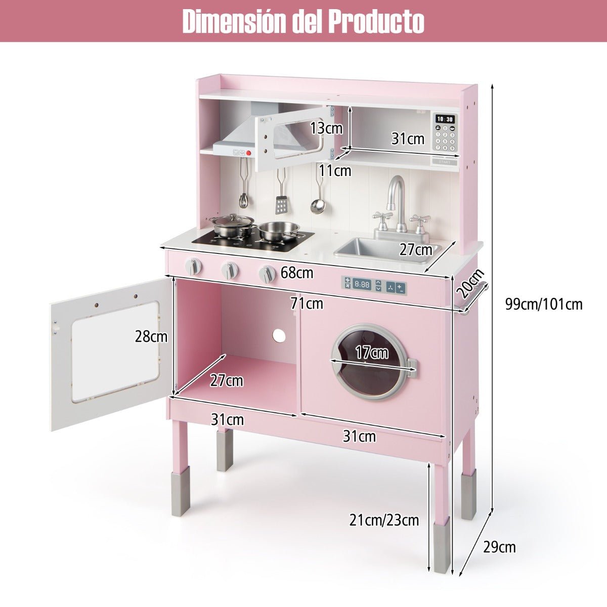 Cozinha de Brincar em Madeira para Crianças - Altura Ajustável, Luzes e Sons Reais, com Campânula, Forno, Micro - ondas e Acessórios - 3+ Anos - A minha loja