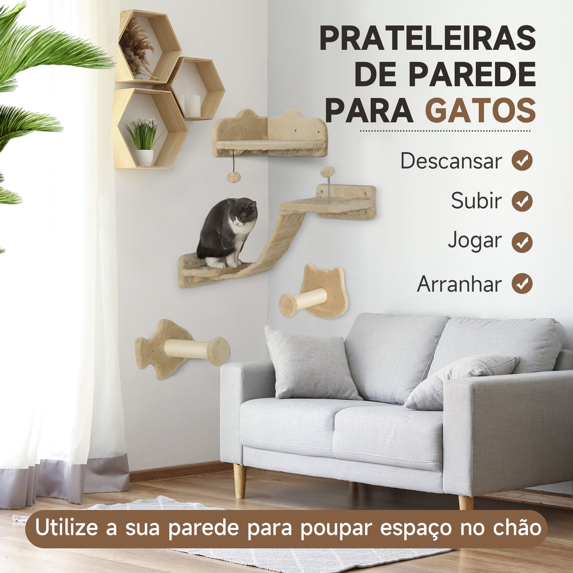 PawHut Conjunto de Prateleiras de Escalada para Gatos de 4 Peças Arranhador de Parede com 2 Postes de Sisal Plataforma Dupla com Escada e Plataforma para Saltar Bege