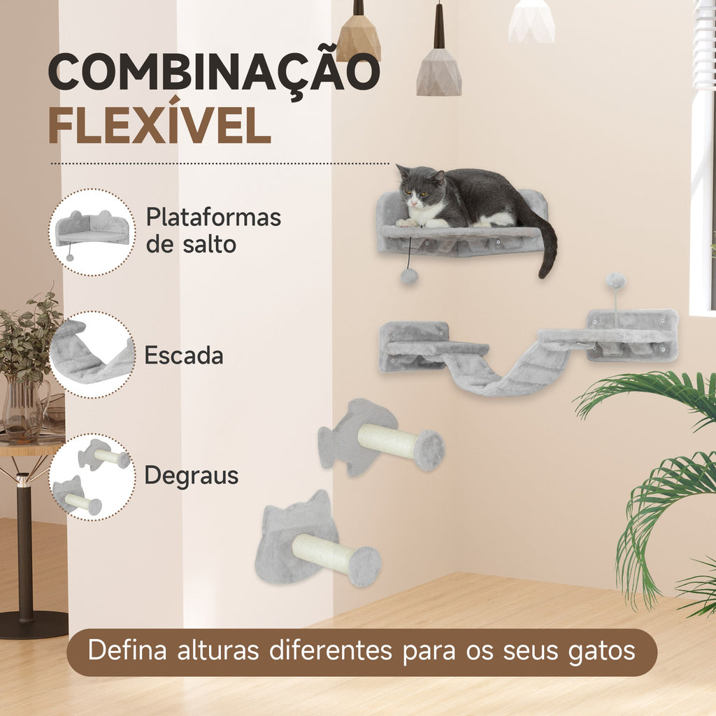 PawHut Conjunto de Prateleiras de Escalada para Gatos de 4 Peças Arranhador de Parede com 2 Postes de Sisal Plataforma Dupla com Escada e Plataforma para Saltar Bege