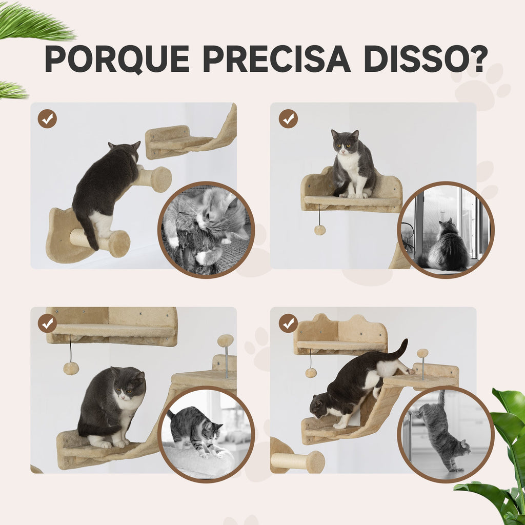 PawHut Conjunto de Prateleiras de Escalada para Gatos de 4 Peças Arranhador de Parede com 2 Postes de Sisal Plataforma Dupla com Escada e Plataforma para Saltar Bege