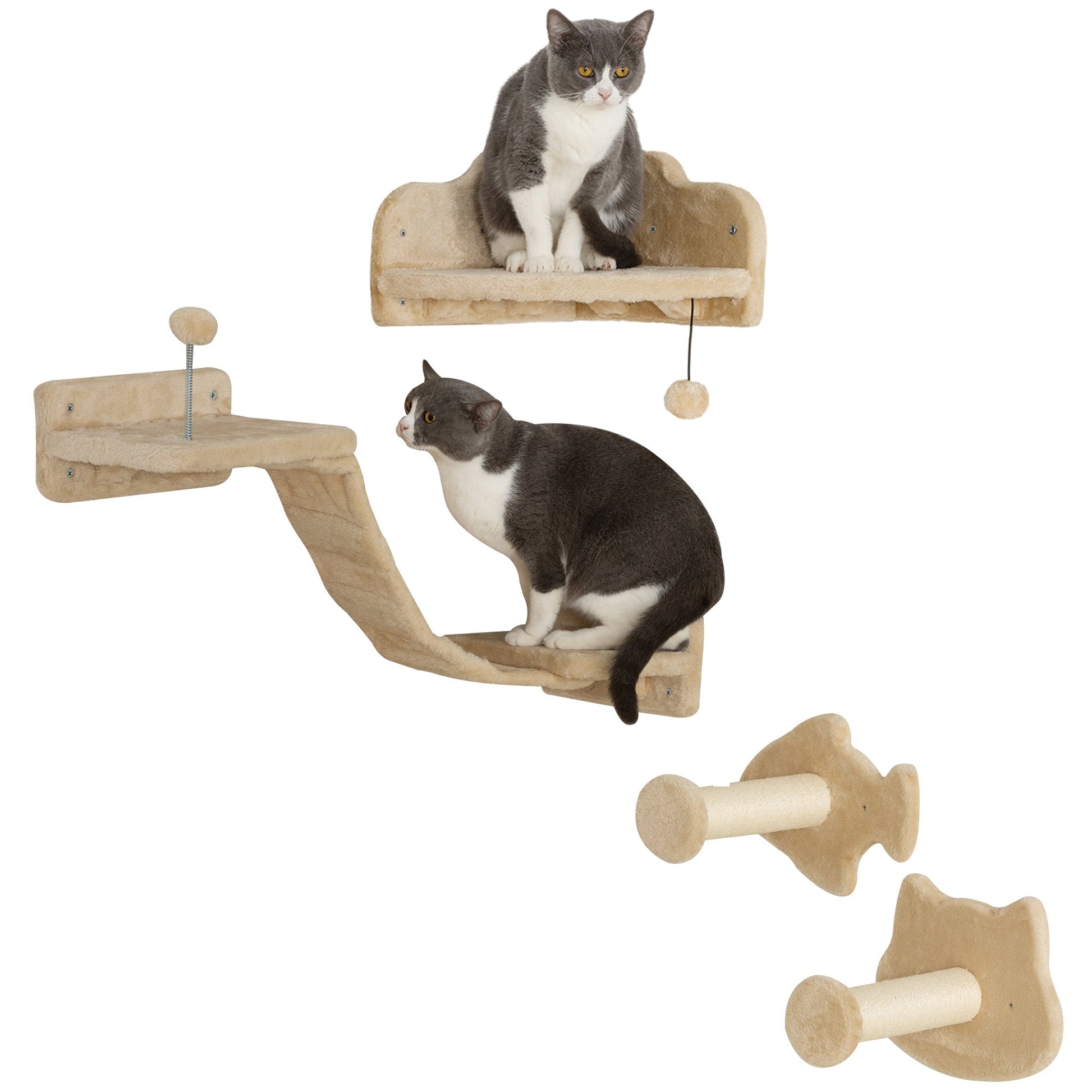 PawHut Conjunto de Prateleiras de Escalada para Gatos de 4 Peças Arranhador de Parede com 2 Postes de Sisal Plataforma Dupla com Escada e Plataforma para Saltar Bege