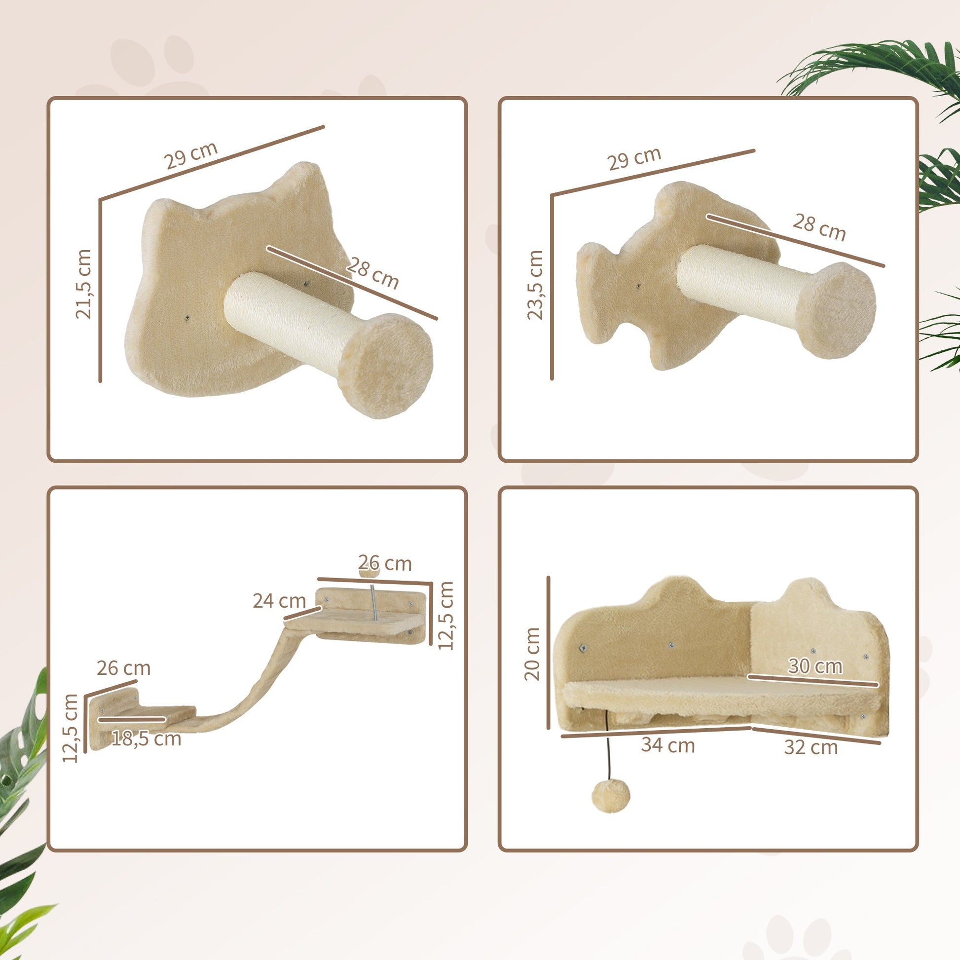 PawHut Conjunto de Prateleiras de Escalada para Gatos de 4 Peças Arranhador de Parede com 2 Postes de Sisal Plataforma Dupla com Escada e Plataforma para Saltar Bege