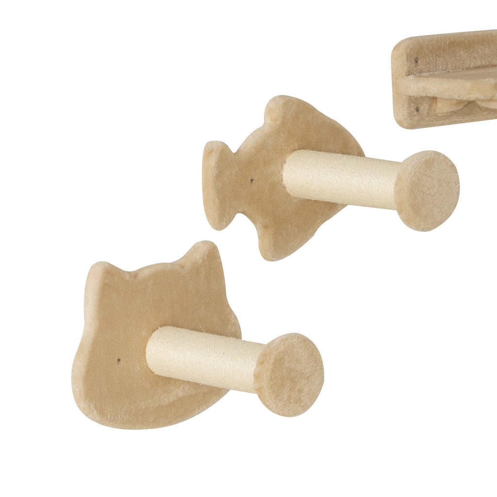 PawHut Conjunto de Prateleiras de Escalada para Gatos de 4 Peças Arranhador de Parede com 2 Postes de Sisal Plataforma Dupla com Escada e Plataforma para Saltar Bege