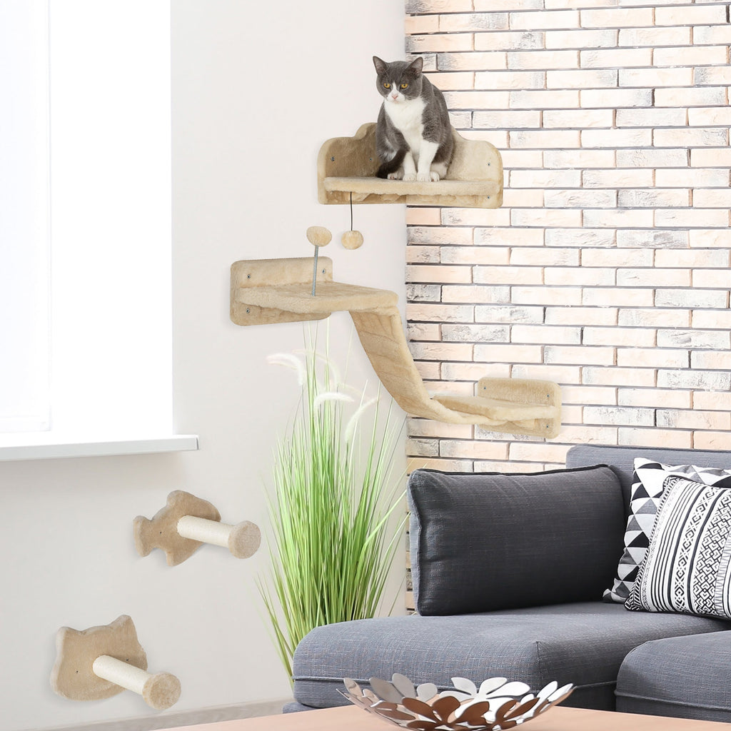 PawHut Conjunto de Prateleiras de Escalada para Gatos de 4 Peças Arranhador de Parede com 2 Postes de Sisal Plataforma Dupla com Escada e Plataforma para Saltar Bege
