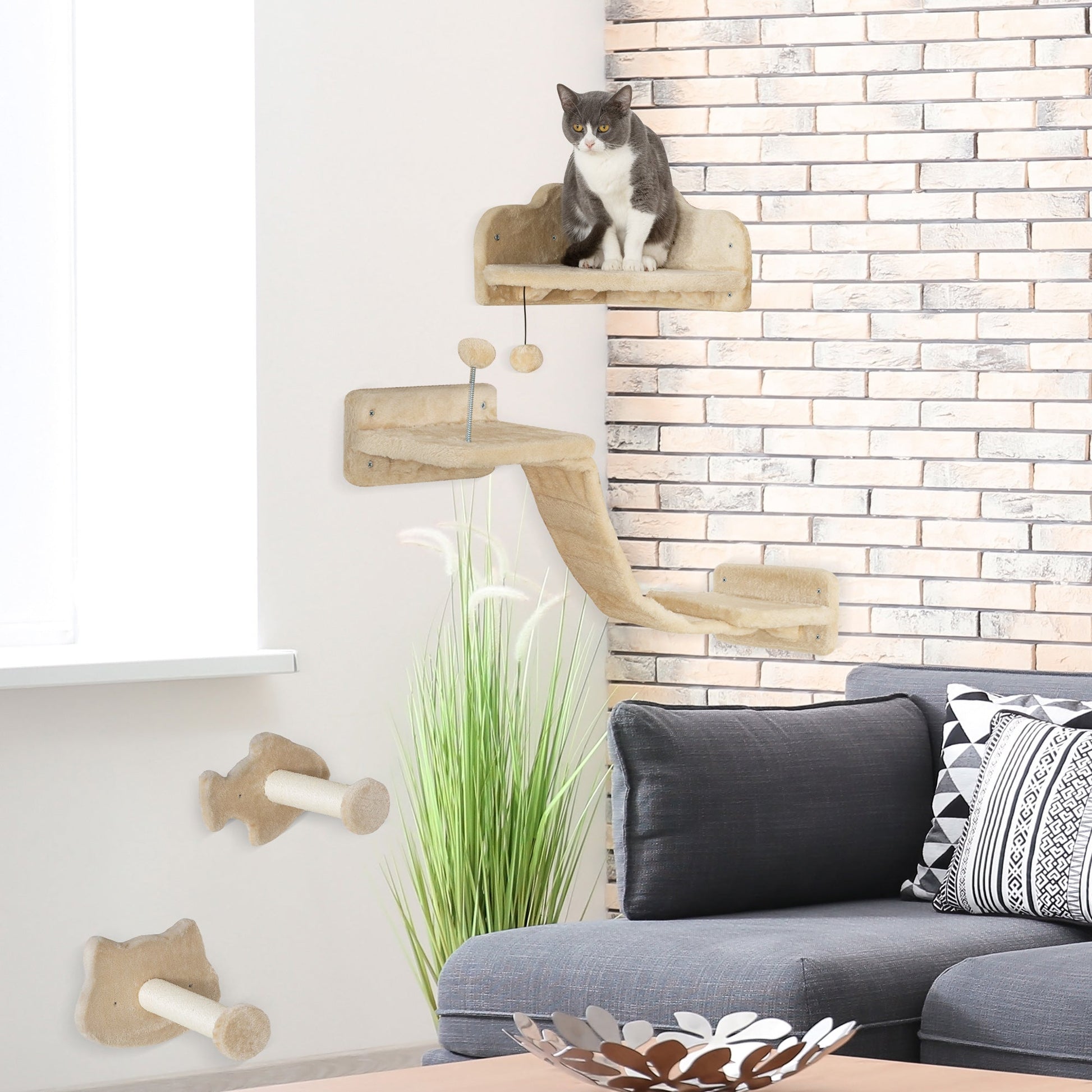 PawHut Conjunto de Prateleiras de Escalada para Gatos de 4 Peças Arranhador de Parede com 2 Postes de Sisal Plataforma Dupla com Escada e Plataforma para Saltar Bege