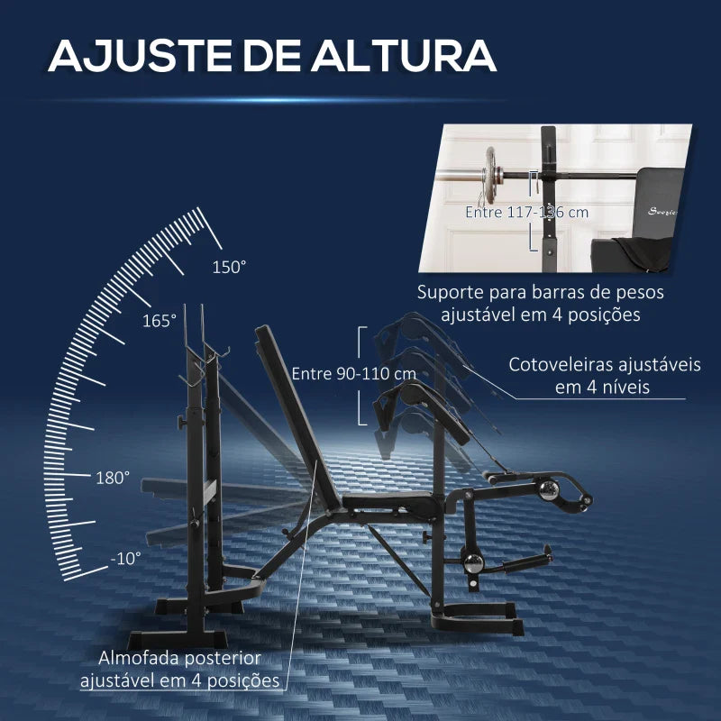 Banco de Musculação Multifuncional Banco de Pesos com Encosto Inclinável e Suporte de Barras com Altura Ajustável para Treinamento do Corpo Completo 187x140x117-136cm Preto
