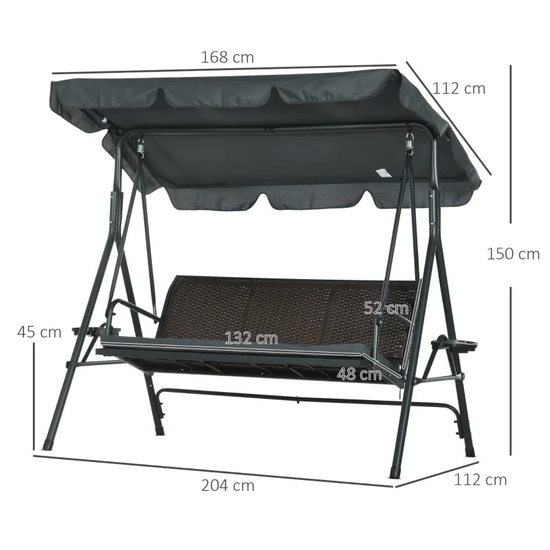 Baloiço de Jardim de 3 Lugares Baloiço para Exterior com Toldo Ajustável Assento de Vime 2 Suporte para Capos 2 Bandejas e Estrutura de Aço para Varanda Pátio 204x112x150 cm Cinza
