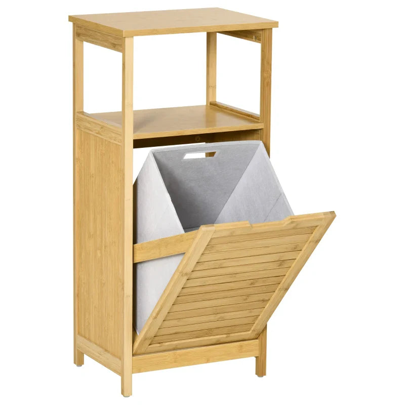 kleanklin Cesto para Roupa de Bambú Armário para Casa de Banho com 2 Prateleiras 1 Cesta de Tecido Removível Móvel de Armazenamento para Sala de Estar Cozinha 40x30x86,5 Natural
