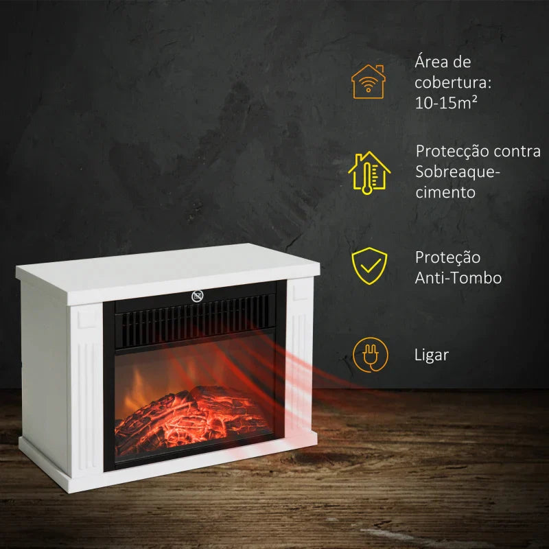 Lareira Elétrica Portátil Lareira Elétrica Compacta com Termostato Ajustável 600W/1200W e Efeito de Chama Realista 34x17x25cm Branco