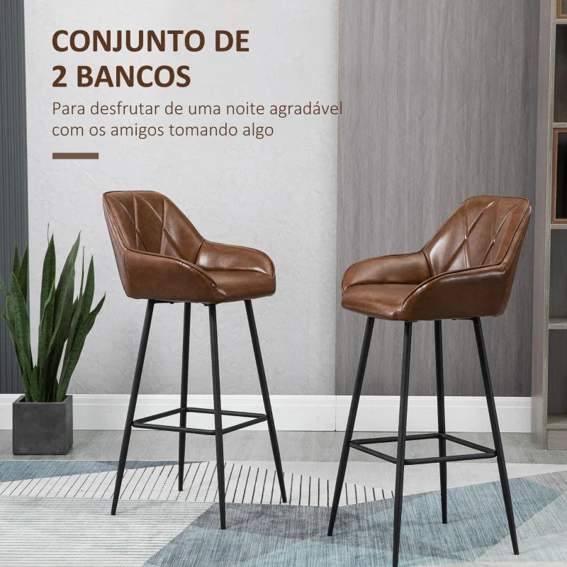 Conjunto de 2 Bancos Altos de Cozinha Bancos de Bar Estofados em PU com Encosto Alto Pés de Aço e Apoio para os Pés para Sala de Jantar Carga 120kg 50x47,5x102,5cm Marrom