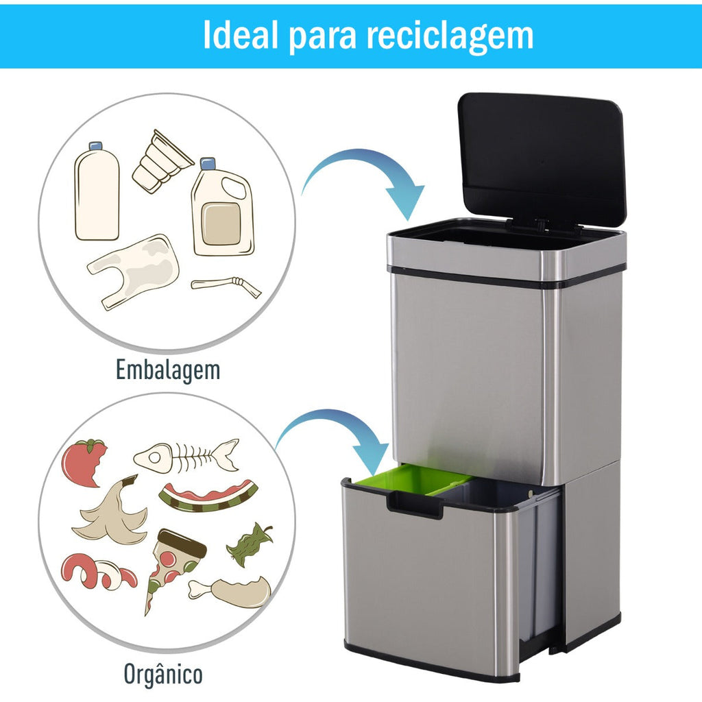 Caixote de Reciclagem em Inox de 72L com Abertura Automática - Leva-Me Contigo - Móveis & Decoração