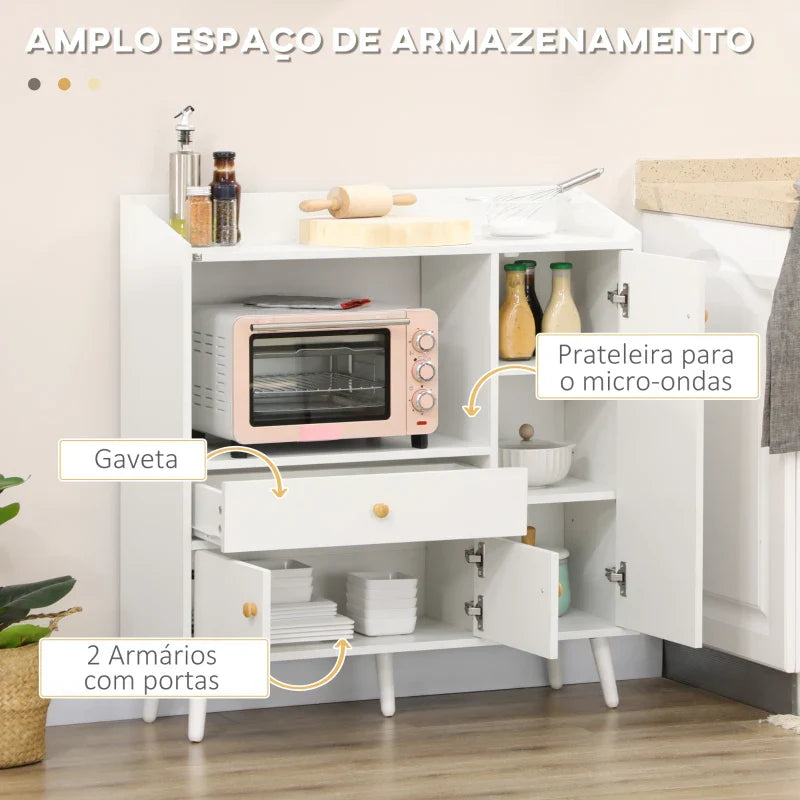 Armário de Cozinha para Micro-ondas Armário Baixa de Cozinha Móvel Auxiliar de Sala de Jantar com 3 Portas Gaveta e Compartimentos 90x30x94 cm Branco